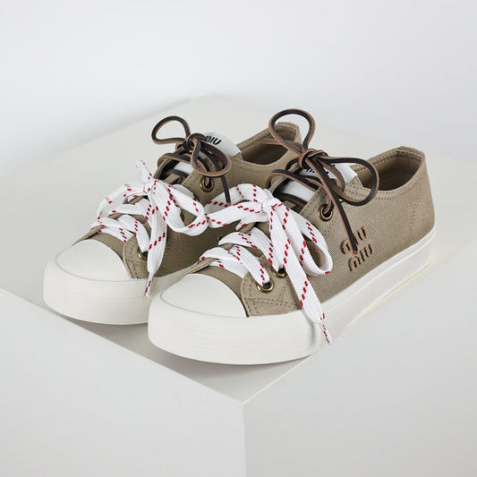 Miu Miu Canvas Low-Top Sneakers in Khaki