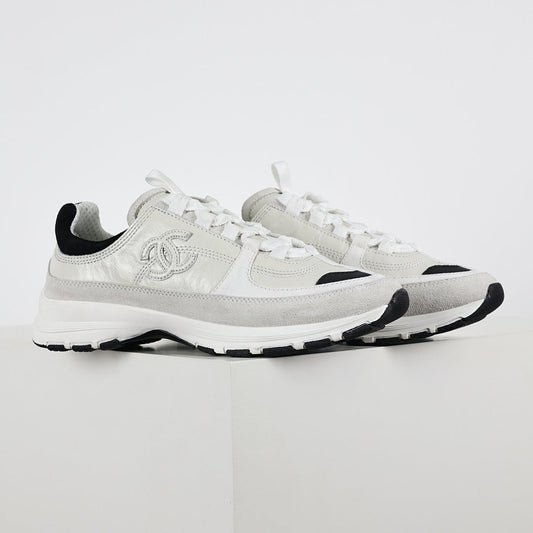 Chanel CC Logo Chunky Dad Sneakers – White Mesh & Suede with Black Rubber Accents