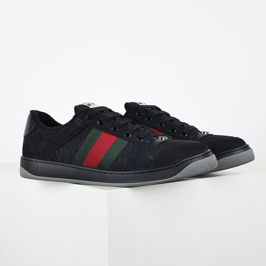 Gucci Screener Low-Top Sneakers – Triple Black GG Canvas & Suede with Web Stripe