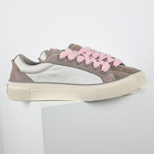 Dior B33 Low-Top Sneakers – Grey Suede & Silver with Pink Laces
