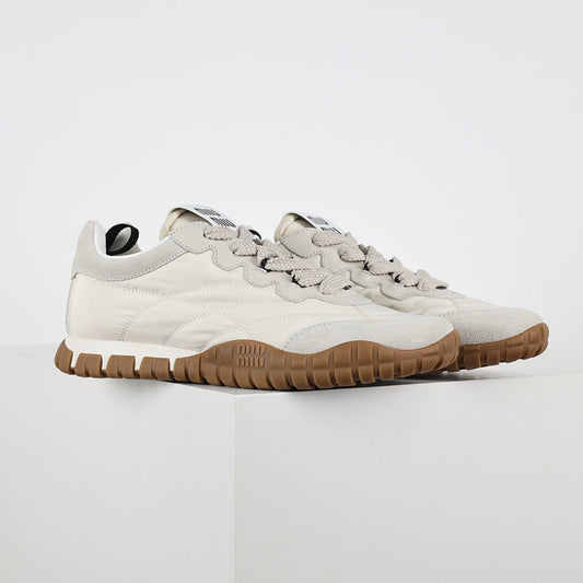 Miu Miu SS25 Quilted Nylon & Suede Sneakers in Cream