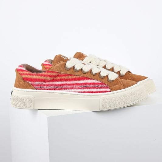 Dior B33 Low-Top Sneakers – Camel Suede & Red Stripe Knit