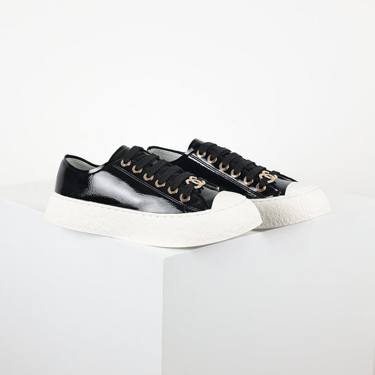 Chanel Low-Top Platform Sneakers – Black Patent Leather with Gold CC Lace Charm
