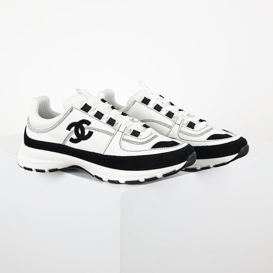 Chanel CC Logo Runner Sneakers – White Leather & Black Suede