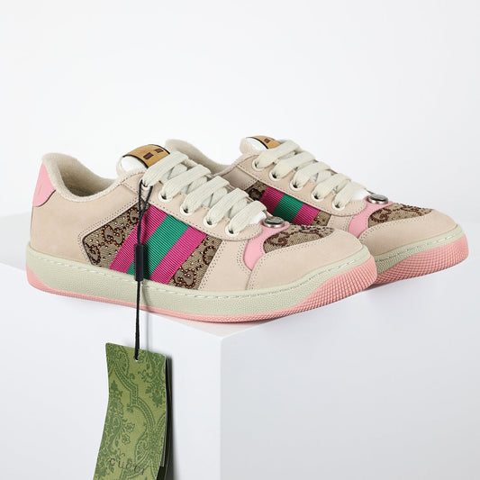 Gucci Screener Low-Top Sneakers – GG Supreme Canvas with Pink Leather Trim