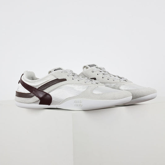 Miu Miu Suede & Satin Trainer Sneakers in White & Brown