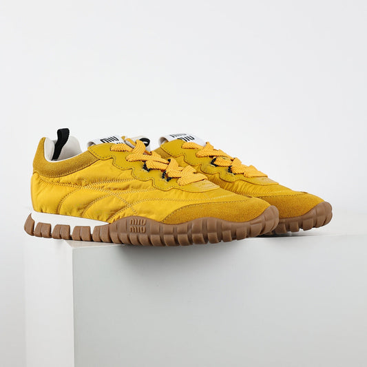 Miu Miu SS25 Quilted Nylon & Suede Sneakers in Yellow