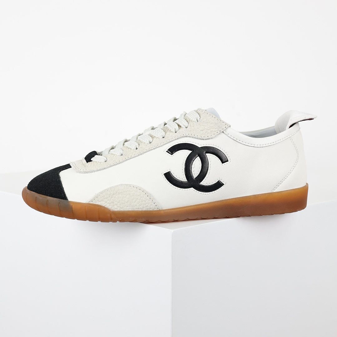 Chanel CC Logo Retro Sport Sneakers – White Leather & Black Suede Toe Cap with Gum Sole