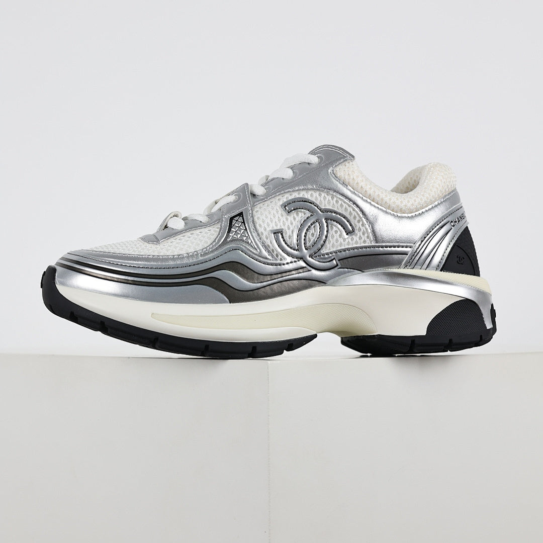 Chanel CC Logo Chunky Dad Sneakers – Silver Metallic Leather & White Mesh