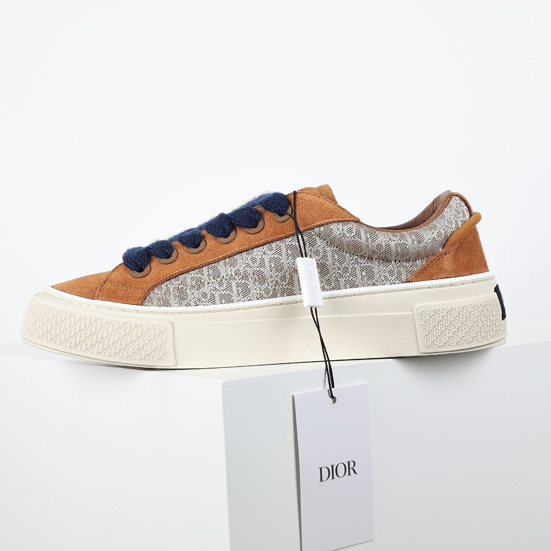 Dior B33 Low-Top Sneakers – Caramel Suede & Oblique Canvas with Navy Laces