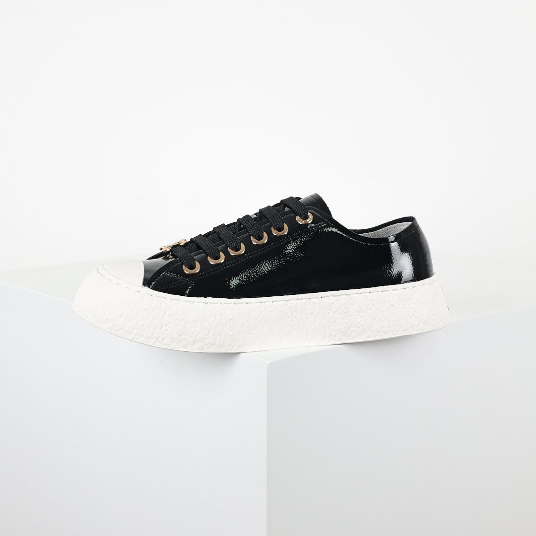 Chanel Low-Top Platform Sneakers – Black Patent Leather with Gold CC Lace Charm