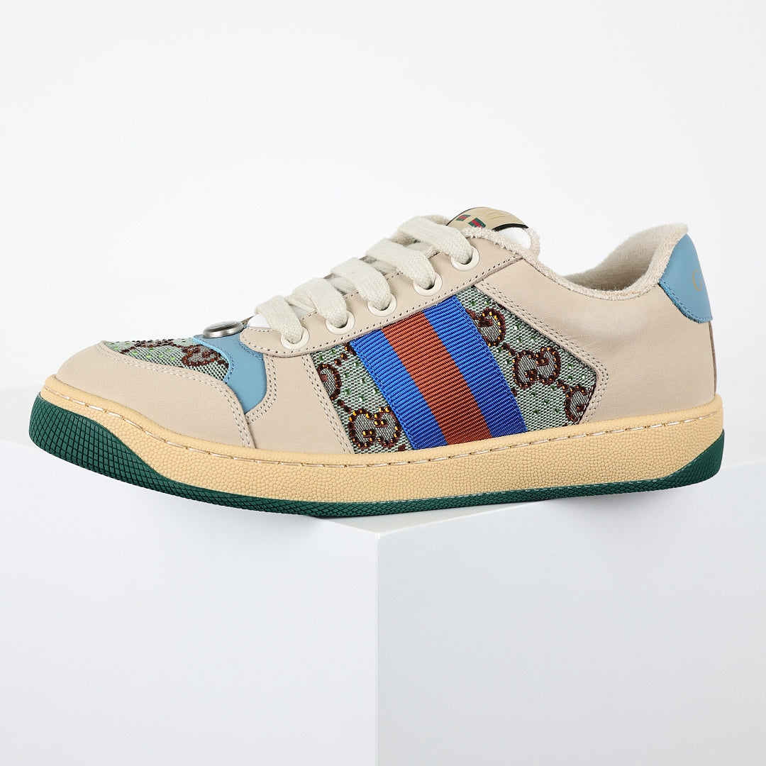 Gucci Screener Low-Top Sneakers – GG Supreme Canvas with Sky Blue Leather Trim & Green Sole