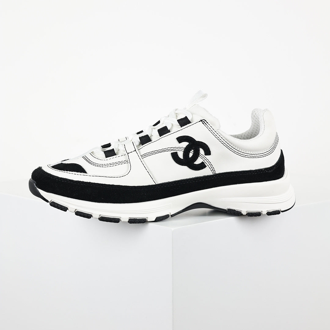 Chanel CC Logo Runner Sneakers – White Leather & Black Suede
