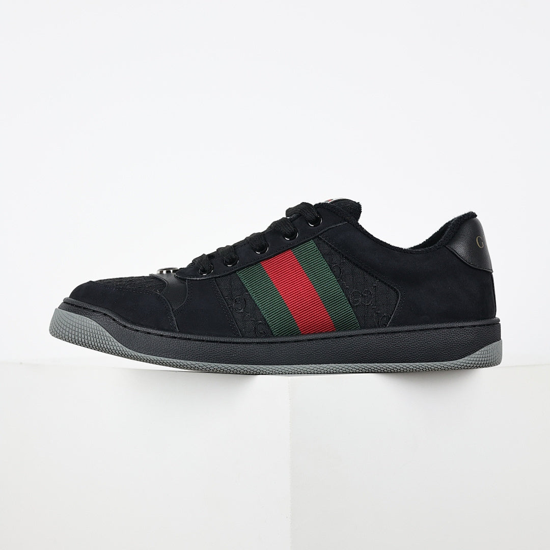 Gucci Screener Low-Top Sneakers – Triple Black GG Canvas & Suede with Web Stripe