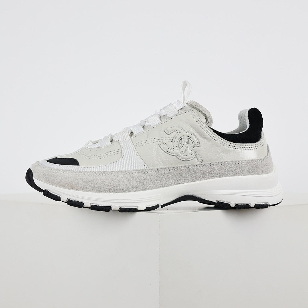 Chanel CC Logo Chunky Dad Sneakers – White Mesh & Suede with Black Rubber Accents