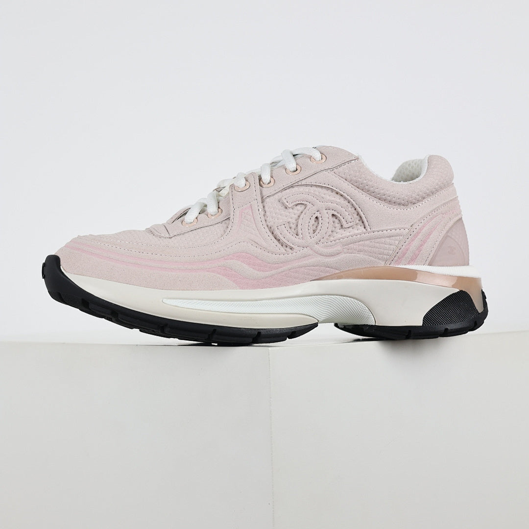 Chanel CC Logo Chunky Dad Sneakers – Blush Pink Suede with Rose Gold Midsole