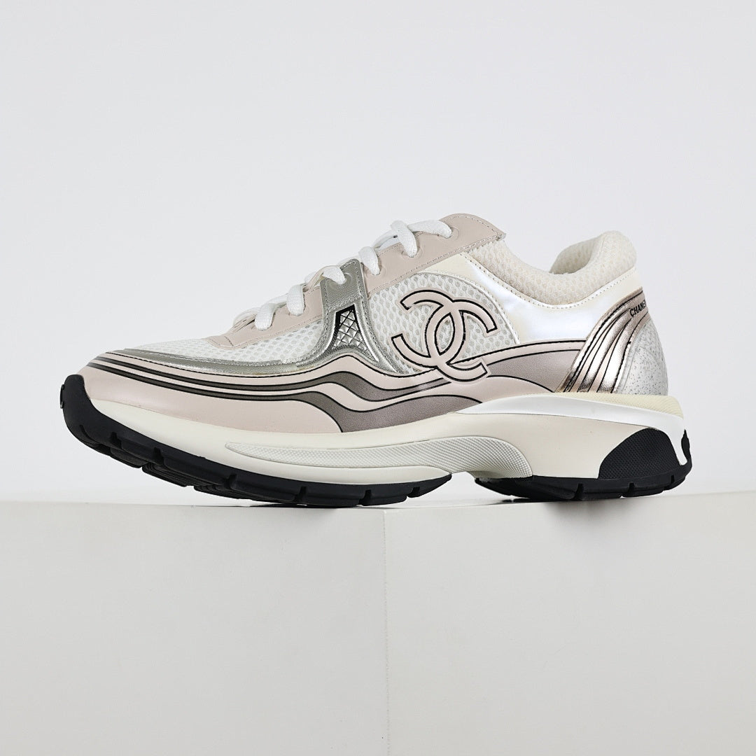 Chanel CC Logo Chunky Dad Sneakers – Cream Mesh & Soft Silver Metallic Leather