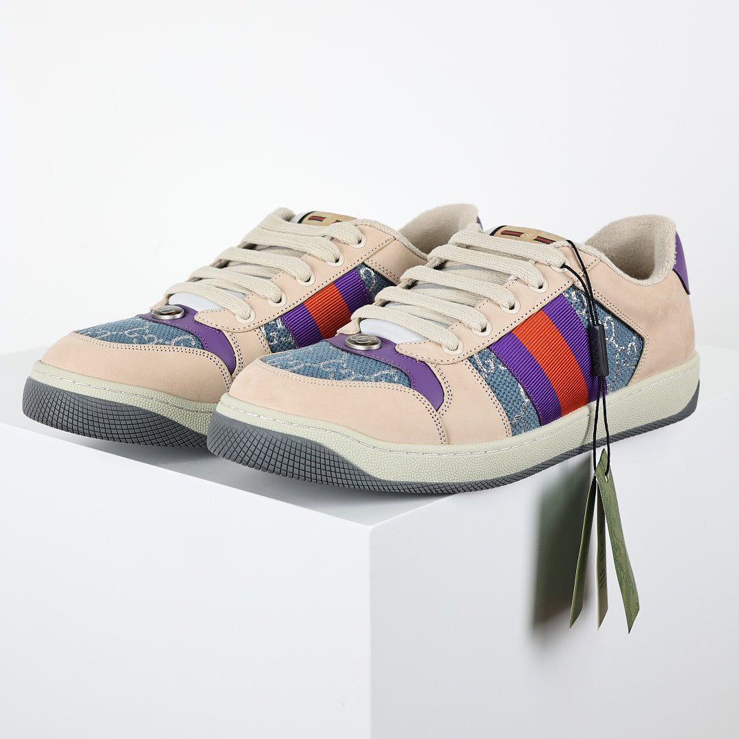 Gucci Screener Low-Top Sneakers – GG Denim Canvas with Purple Leather Trim & Web Stripe