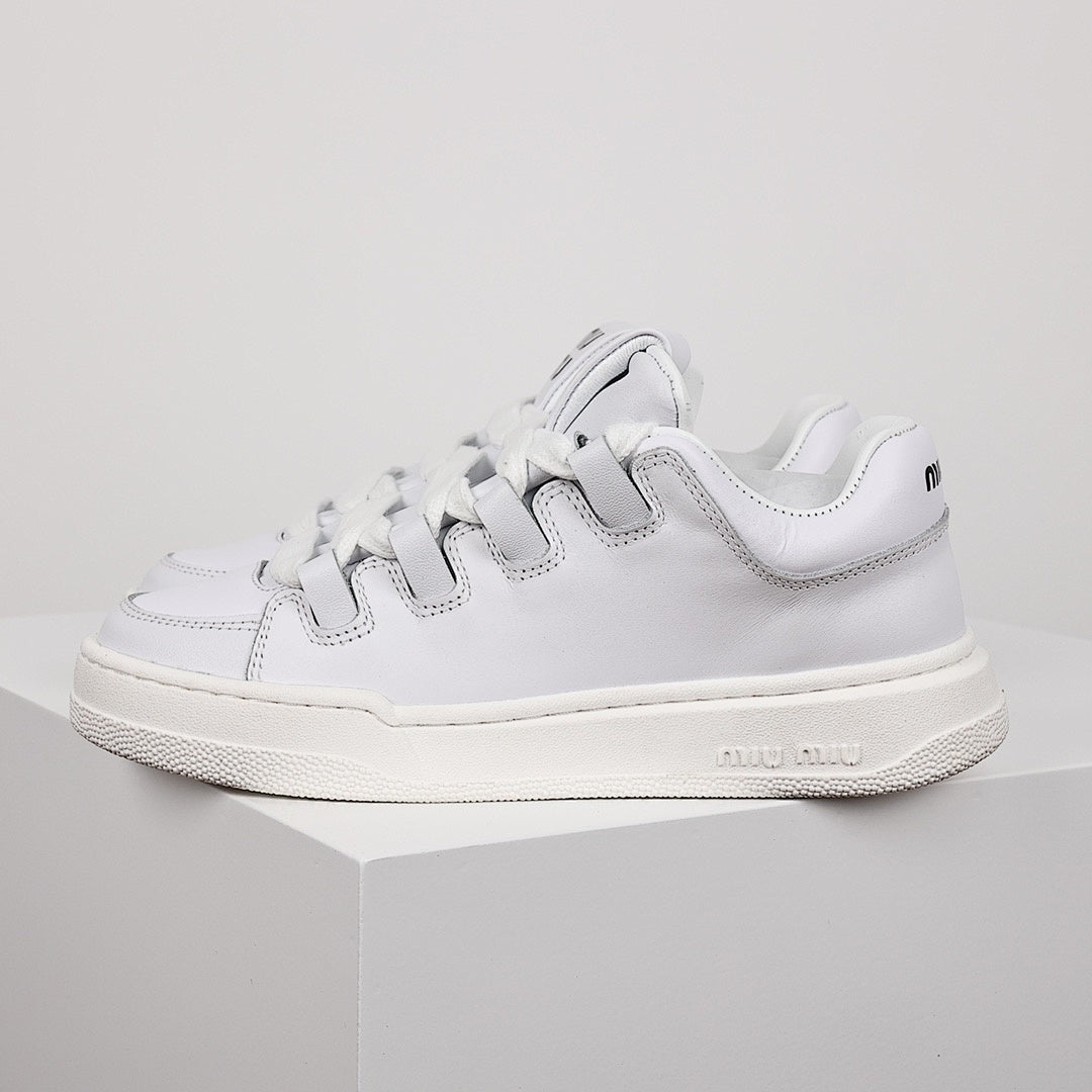 Miu Miu Oversized Lace Leather Low-Top Sneakers in White