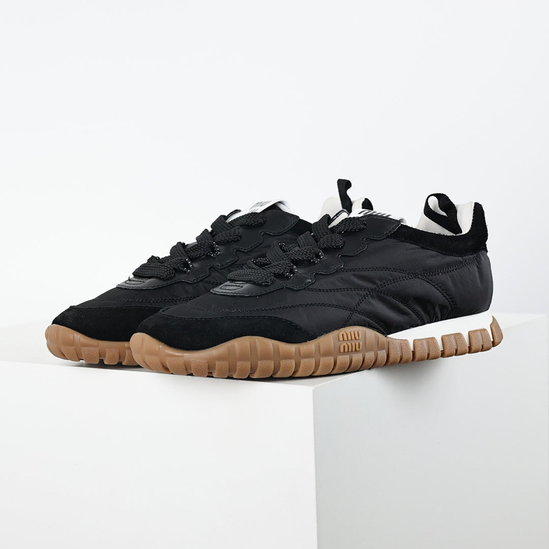 Miu Miu SS25 Quilted Nylon & Suede Sneakers in Black
