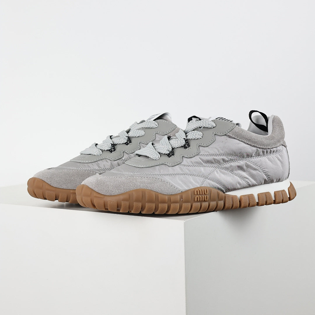 Miu Miu SS25 Quilted Nylon & Suede Sneakers in Grey