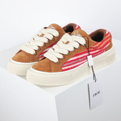 Dior B33 Low-Top Sneakers – Camel Suede & Red Stripe Knit