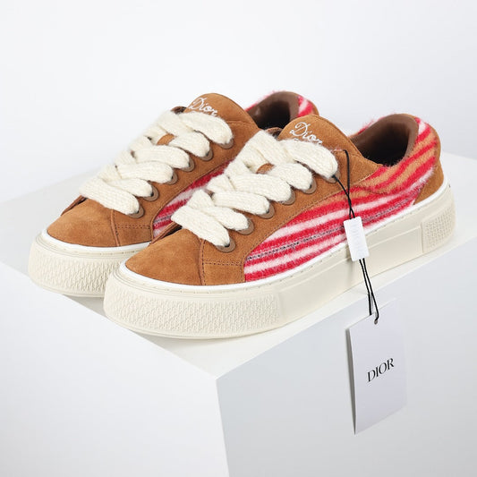Dior B33 Low-Top Sneakers – Camel Suede & Red Stripe Knit
