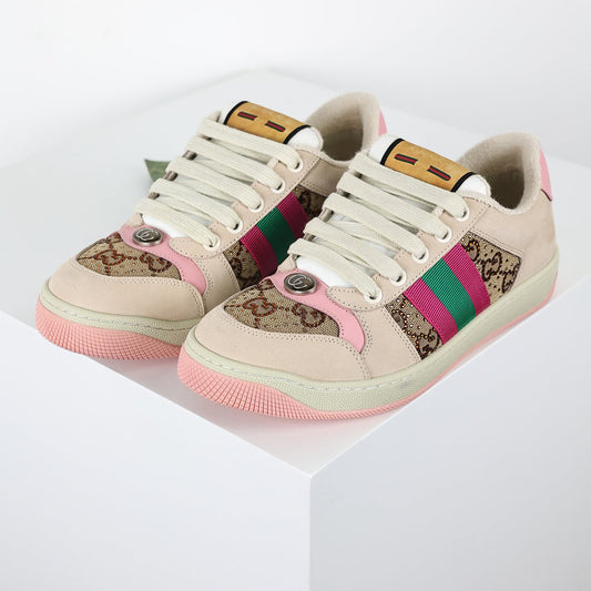Gucci Screener Low-Top Sneakers – GG Supreme Canvas with Pink Leather Trim