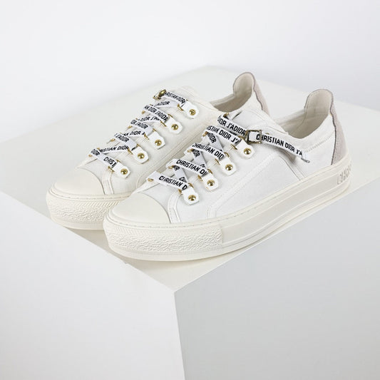 Dior Walk'n'Dior Low-Top Sneakers – White Canvas & J'adior Ribbon Laces with Gold Studs