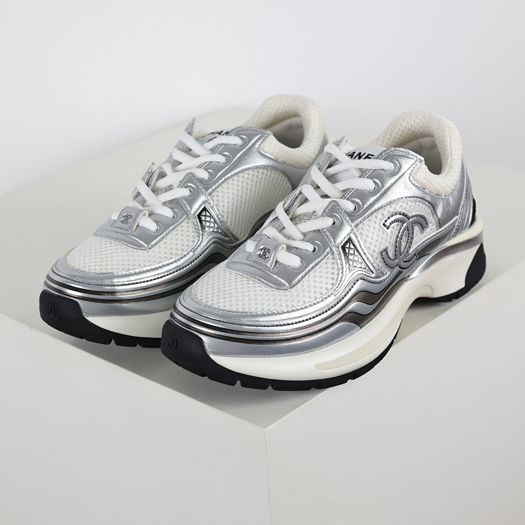 Chanel CC Logo Chunky Dad Sneakers – Silver Metallic Leather & White Mesh
