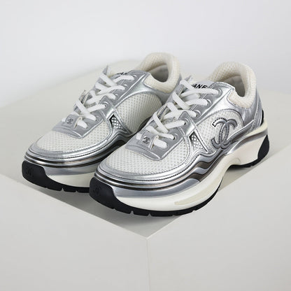Chanel CC Logo Chunky Dad Sneakers – Silver Metallic Leather & White Mesh