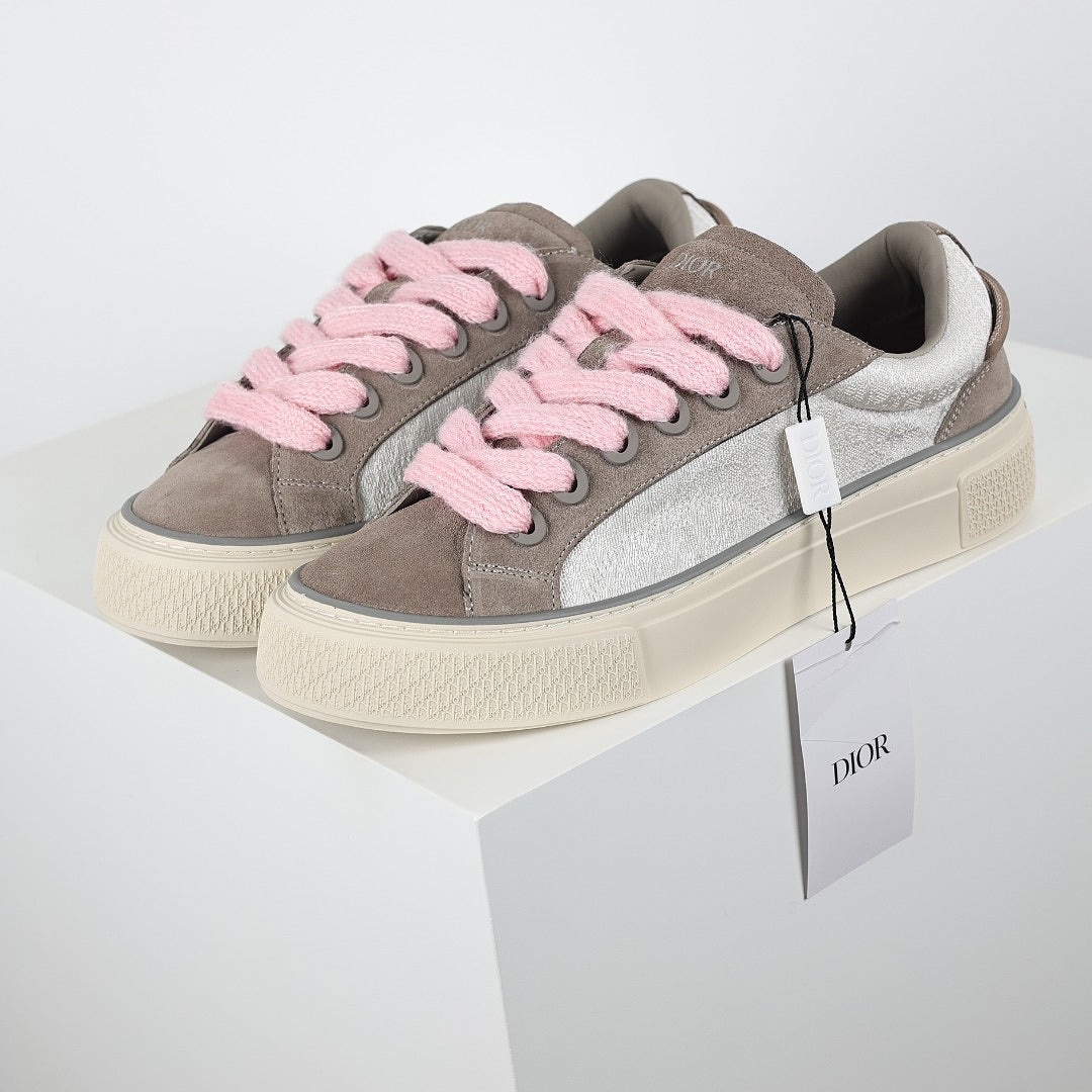 Dior B33 Low-Top Sneakers – Grey Suede & Silver with Pink Laces