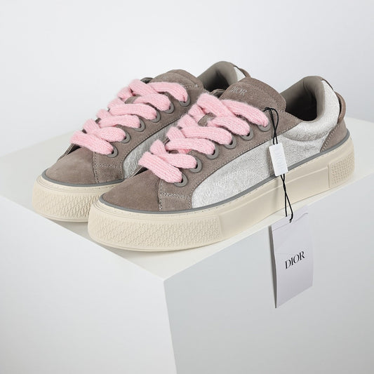 Dior B33 Low-Top Sneakers – Grey Suede & Silver with Pink Laces