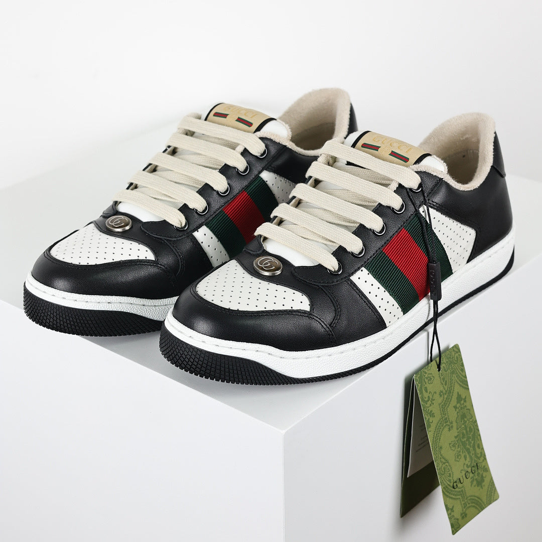 Gucci Screener Low-Top Sneakers – Black & White Leather with Web Stripe