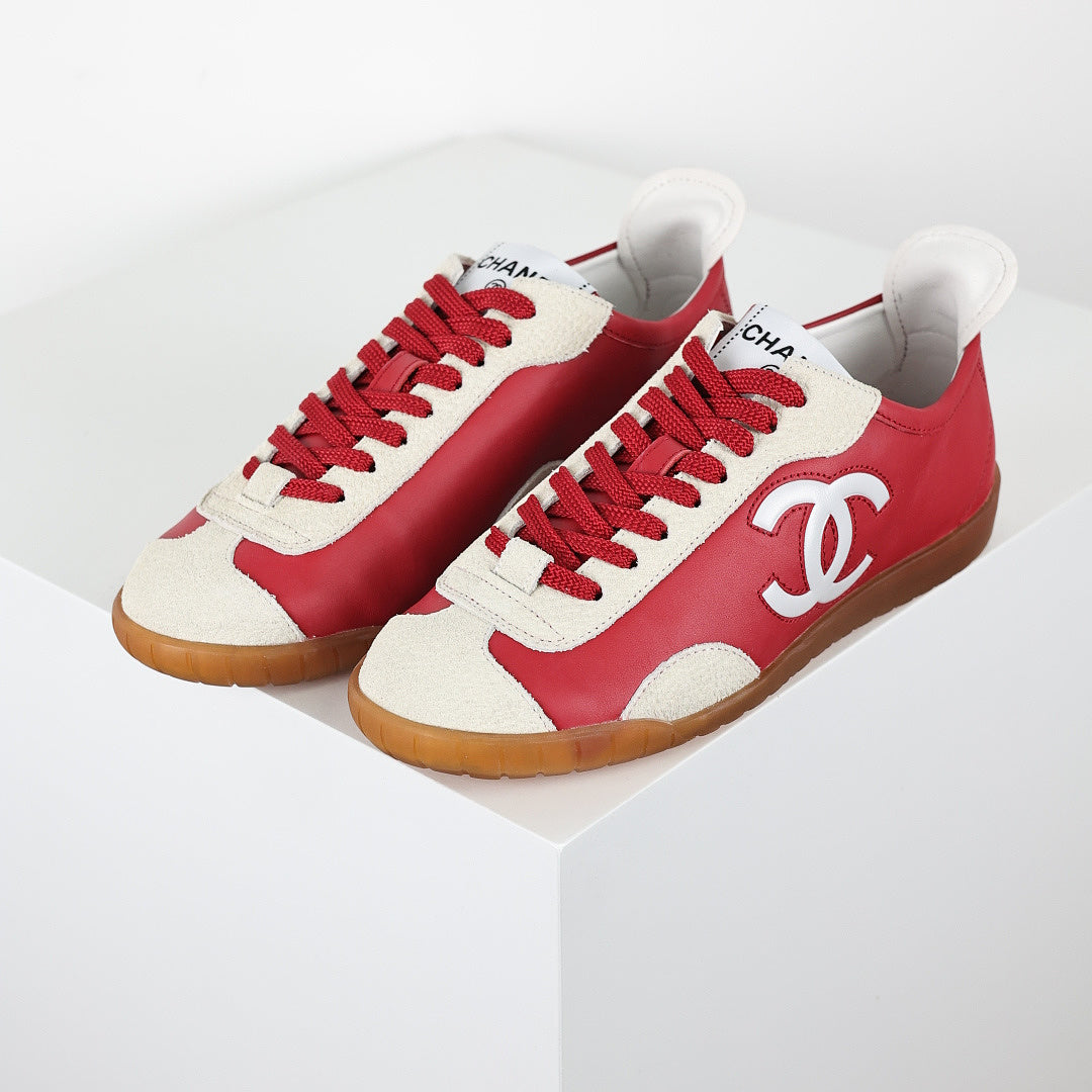 Chanel CC Logo Retro Sport Sneakers – Red Leather & Cream Suede with Gum Sole