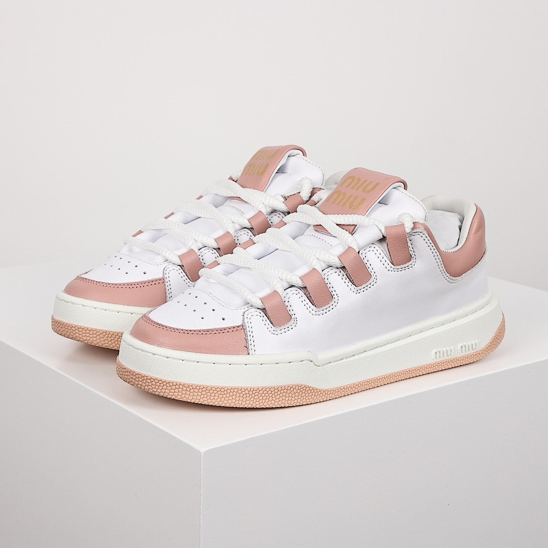 Miu Miu Oversized Lace Leather Low-Top Sneakers in White & Pink