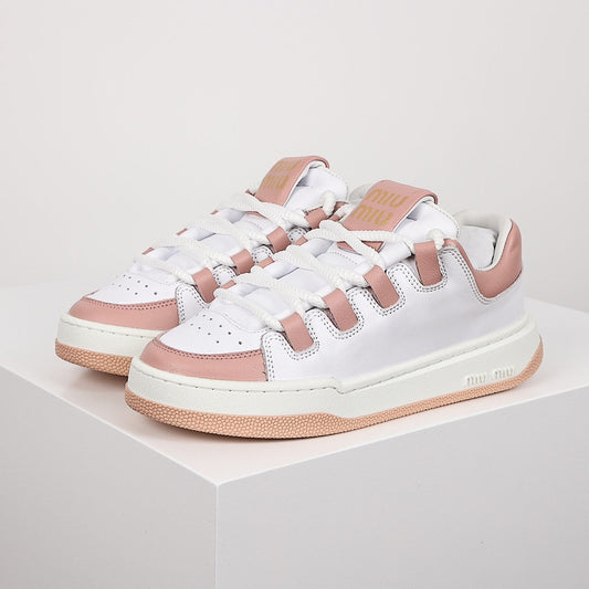 Miu Miu Oversized Lace Leather Low-Top Sneakers in White & Pink