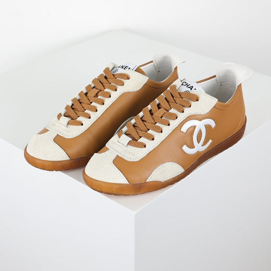 Chanel CC Logo Retro Sport Sneakers – Caramel Leather & Cream Suede with Gum Sole
