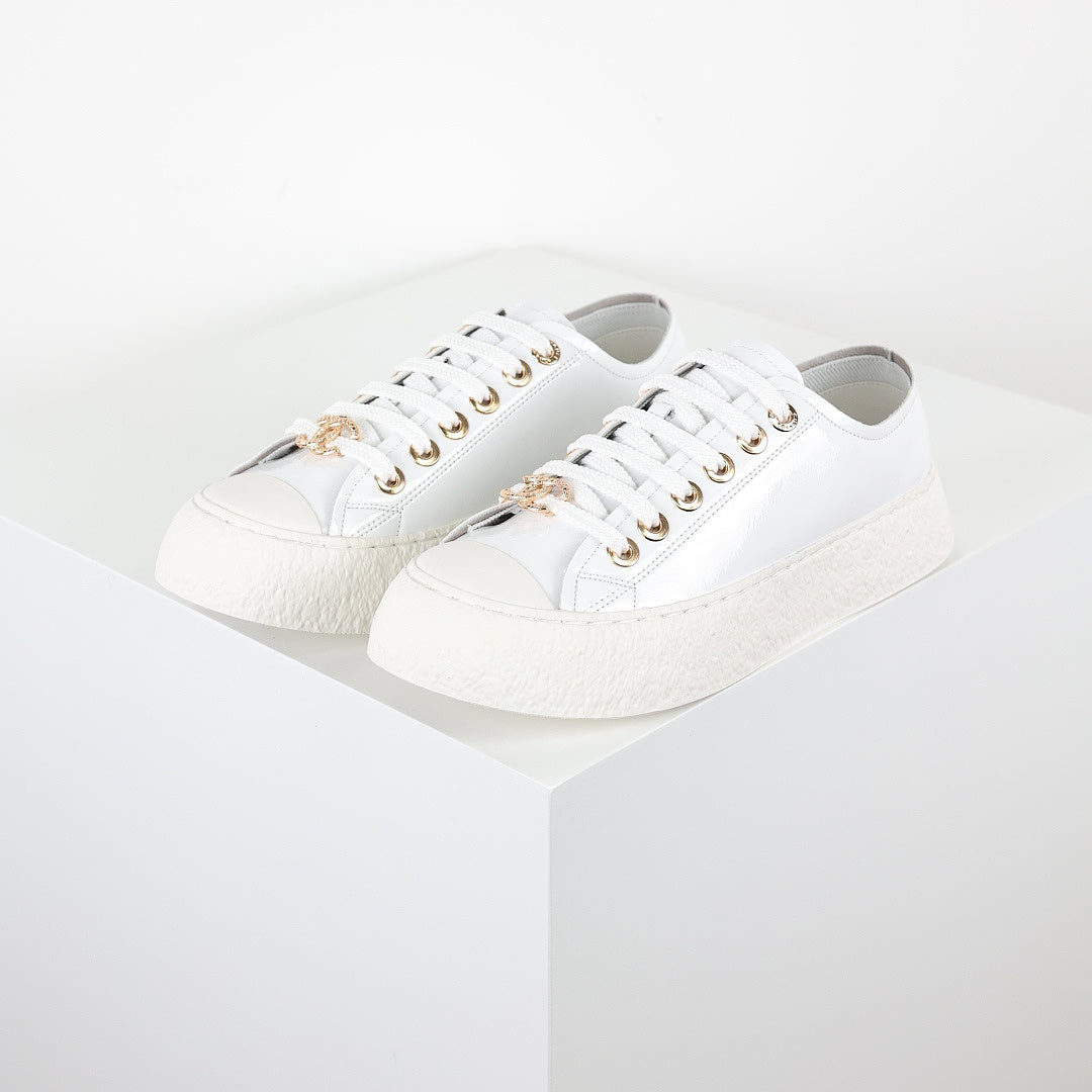 Chanel Low-Top Platform Sneakers – White Leather with Gold CC Lace Charm