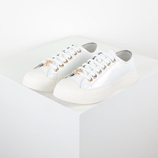 Chanel Low-Top Platform Sneakers – White Leather with Gold CC Lace Charm