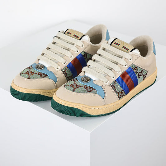Gucci Screener Low-Top Sneakers – GG Supreme Canvas with Sky Blue Leather Trim & Green Sole