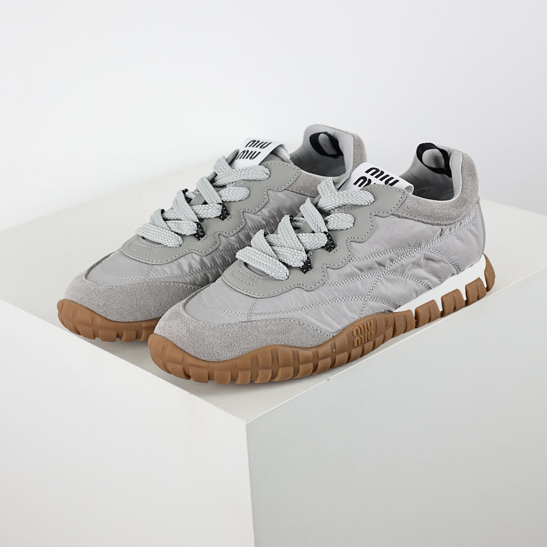 Miu Miu SS25 Quilted Nylon & Suede Sneakers in Grey