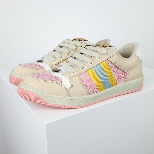 Gucci Screener Low-Top Sneakers – Pink GG Canvas with Pastel Rainbow Web Stripe