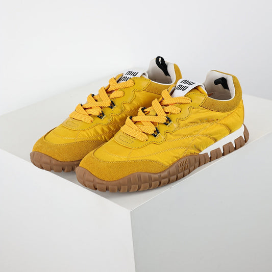 Miu Miu SS25 Quilted Nylon & Suede Sneakers in Yellow
