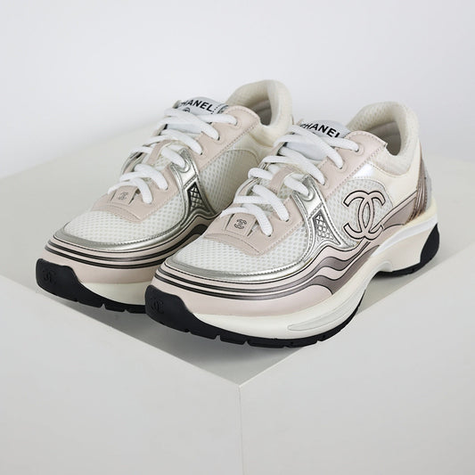 Chanel CC Logo Chunky Dad Sneakers – Cream Mesh & Soft Silver Metallic Leather