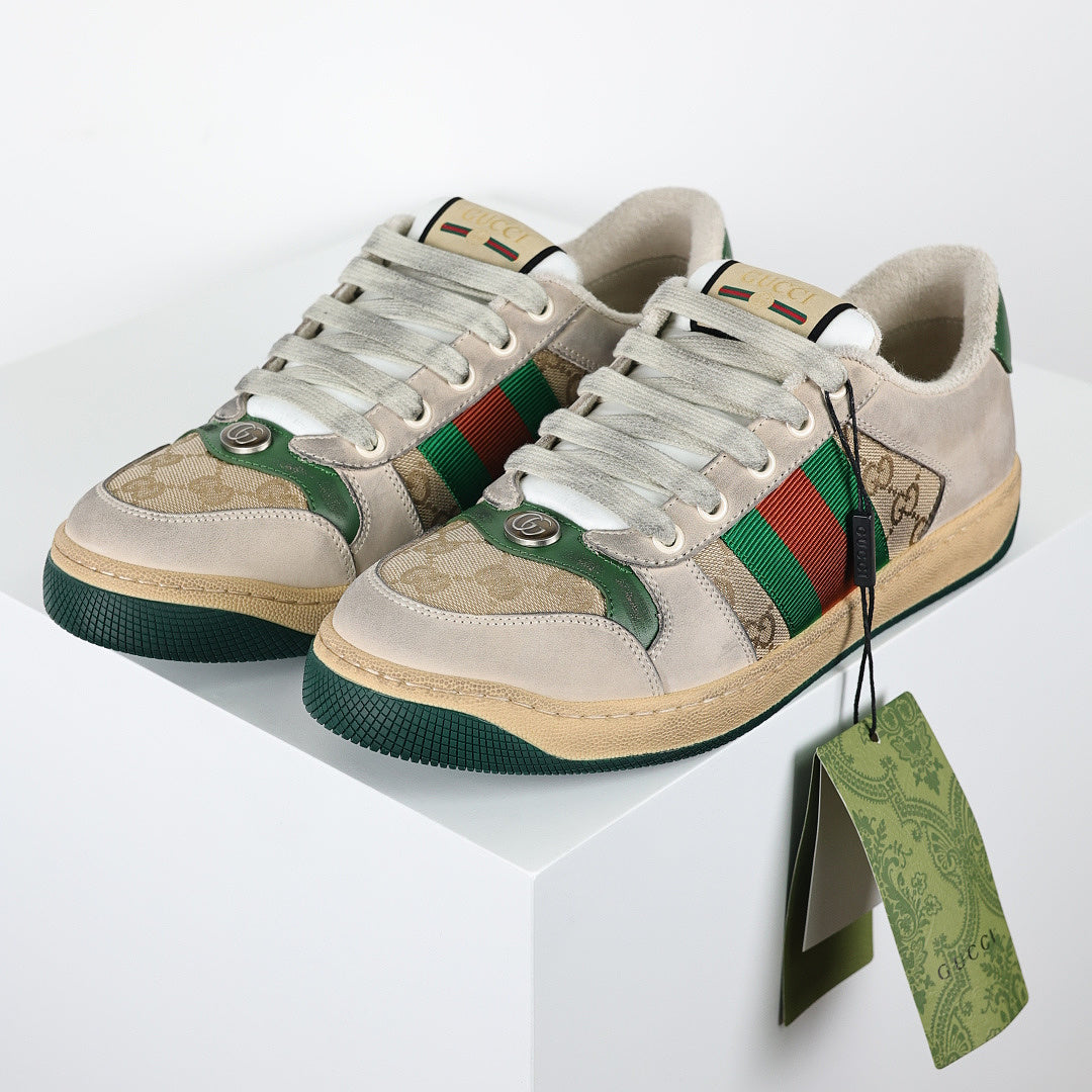 Gucci Screener Low-Top Sneakers – Distressed GG Supreme Canvas with Green Leather Trim