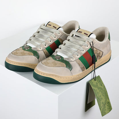 Gucci Screener Low-Top Sneakers – Distressed GG Supreme Canvas with Green Leather Trim