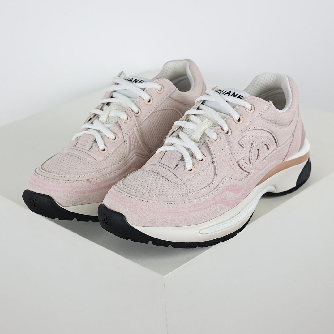 Chanel CC Logo Chunky Dad Sneakers – Blush Pink Suede with Rose Gold Midsole