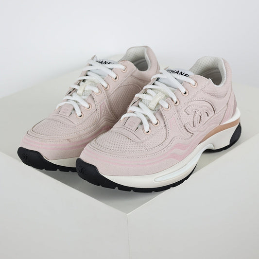 Chanel CC Logo Chunky Dad Sneakers – Blush Pink Suede with Rose Gold Midsole