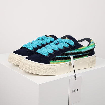 Dior B33 Low-Top Sneakers – Navy Suede & Multicolor Stripe Knit with Turquoise Laces